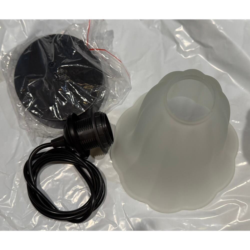 2Pk Pendant Light Vintage White Frosted Glass Petal Lampshade With Black mount